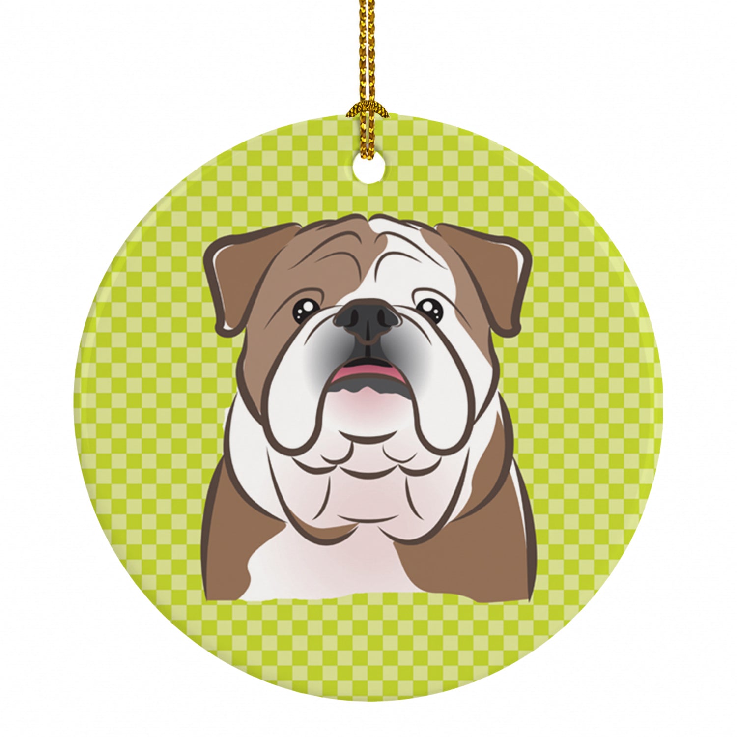 Checkerboard Lime Green English Bulldog  Ceramic Ornament Christmas Tree Hanging Decorations for Home Christmas Holiday, Party, Gift, 3 in, Multicolor