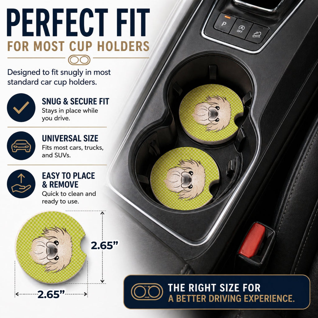 Checkerboard Lime Green Pekingese Set of 2 Cup Holder Car Coasters Absorbent Round Sandstone Coasters Gifts for Men or Women, 2.5, Multicolor
