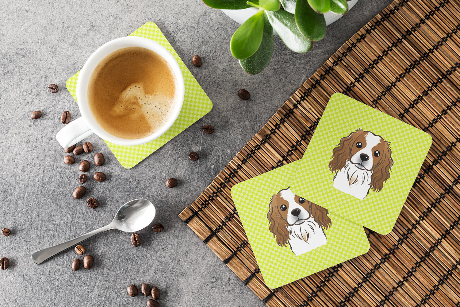 Checkerboard Lime Green Cavalier Spaniel Foam Coasters Set of 4 Cup Coasters for Indoor Outdoor, Tabletop Protection, Anti Slip, Mouse pad Material