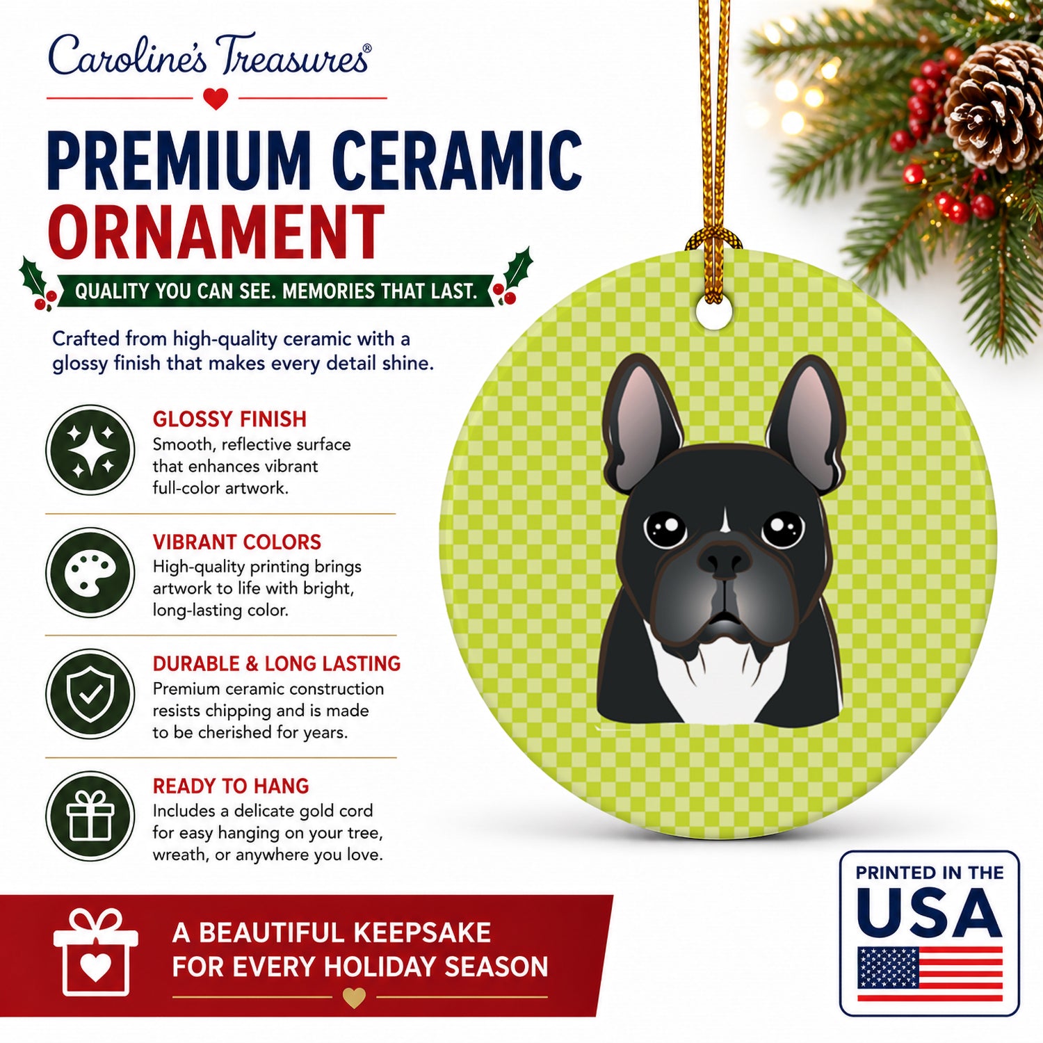 Checkerboard Lime Green French Bulldog Ceramic Ornament Christmas Tree Hanging Decorations for Home Christmas Holiday, Party, Gift, 3 in, Multicolor