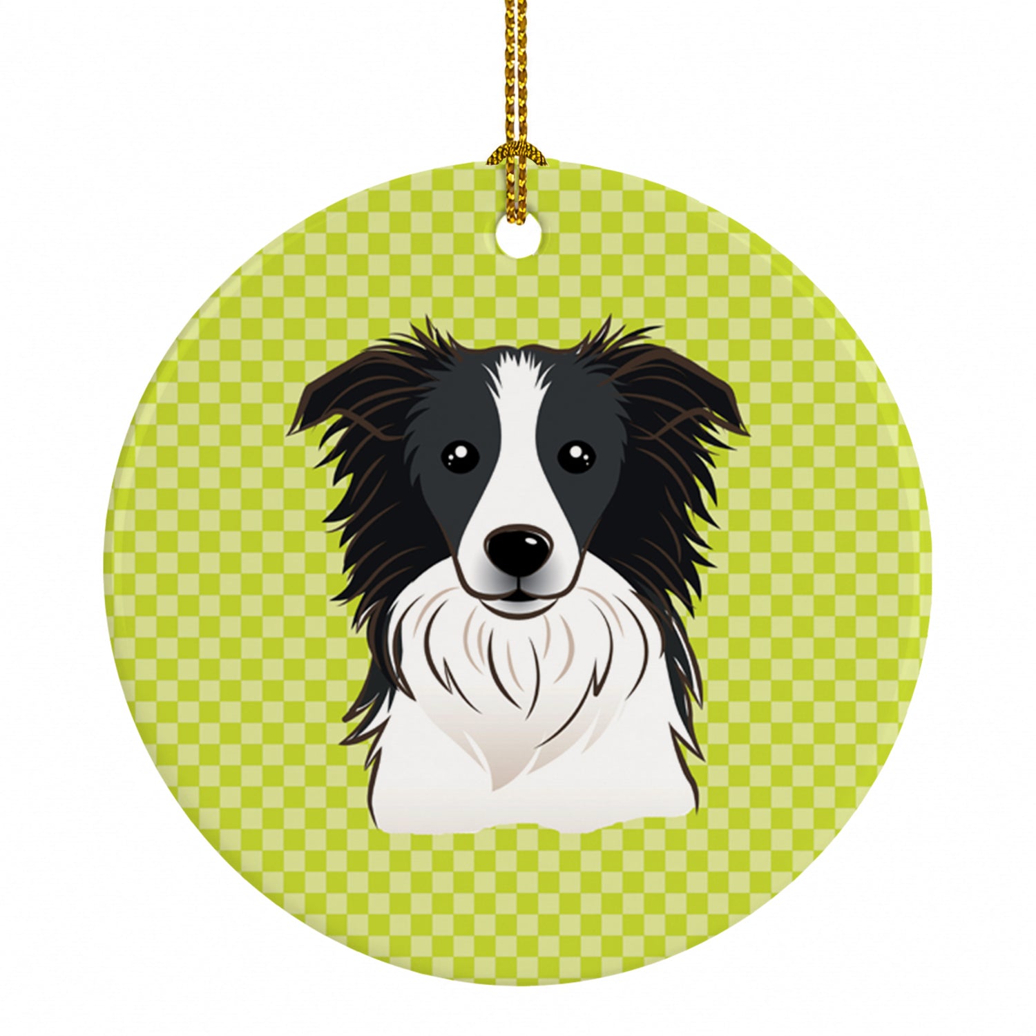 Checkerboard Lime Green Border Collie Ceramic Ornament Christmas Tree Hanging Decorations for Home Christmas Holiday, Party, Gift, 3 in, Multicolor
