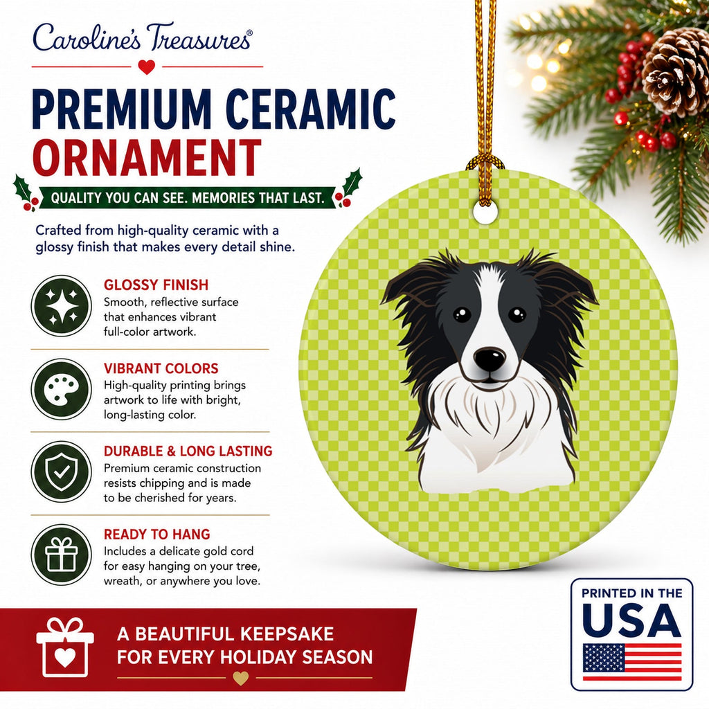 Checkerboard Lime Green Border Collie Ceramic Ornament Christmas Tree Hanging Decorations for Home Christmas Holiday, Party, Gift, 3 in, Multicolor