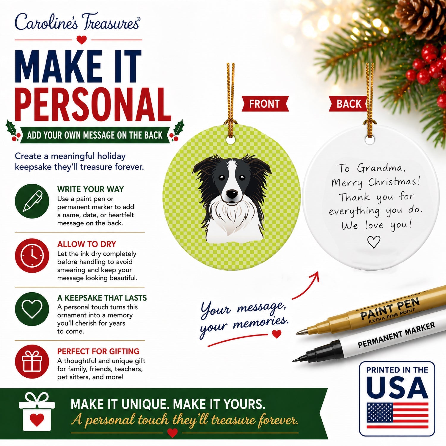 Checkerboard Lime Green Border Collie Ceramic Ornament Christmas Tree Hanging Decorations for Home Christmas Holiday, Party, Gift, 3 in, Multicolor
