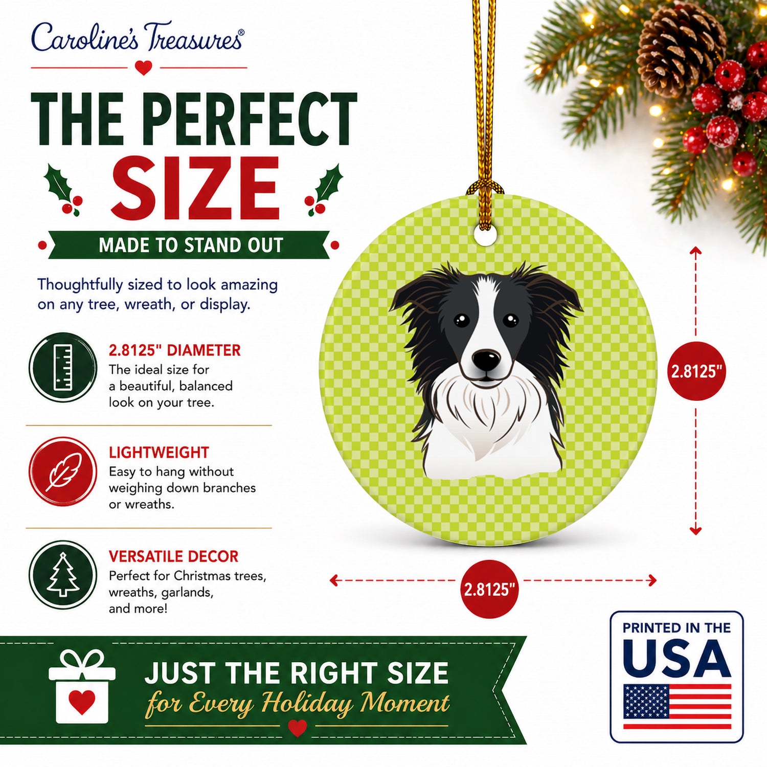 Checkerboard Lime Green Border Collie Ceramic Ornament Christmas Tree Hanging Decorations for Home Christmas Holiday, Party, Gift, 3 in, Multicolor