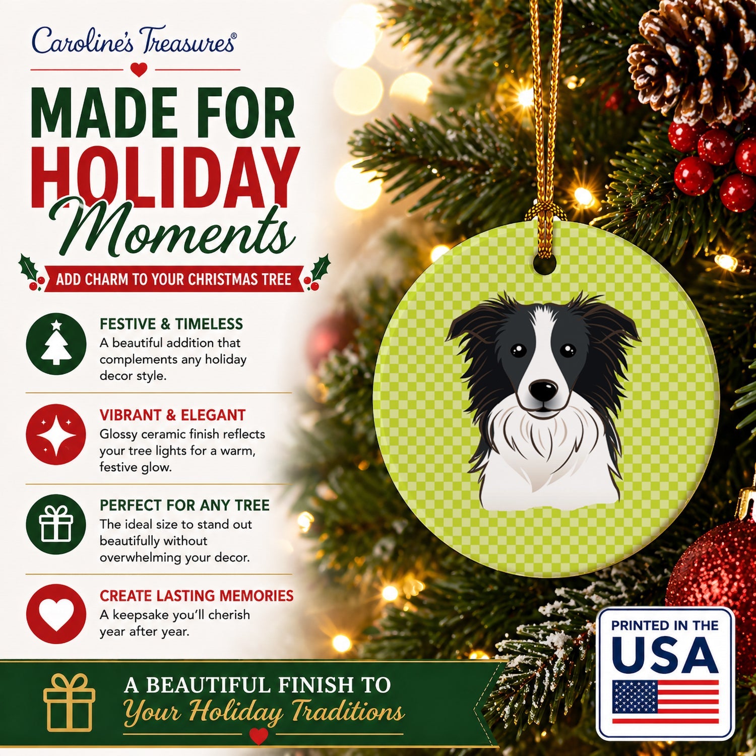 Checkerboard Lime Green Border Collie Ceramic Ornament Christmas Tree Hanging Decorations for Home Christmas Holiday, Party, Gift, 3 in, Multicolor