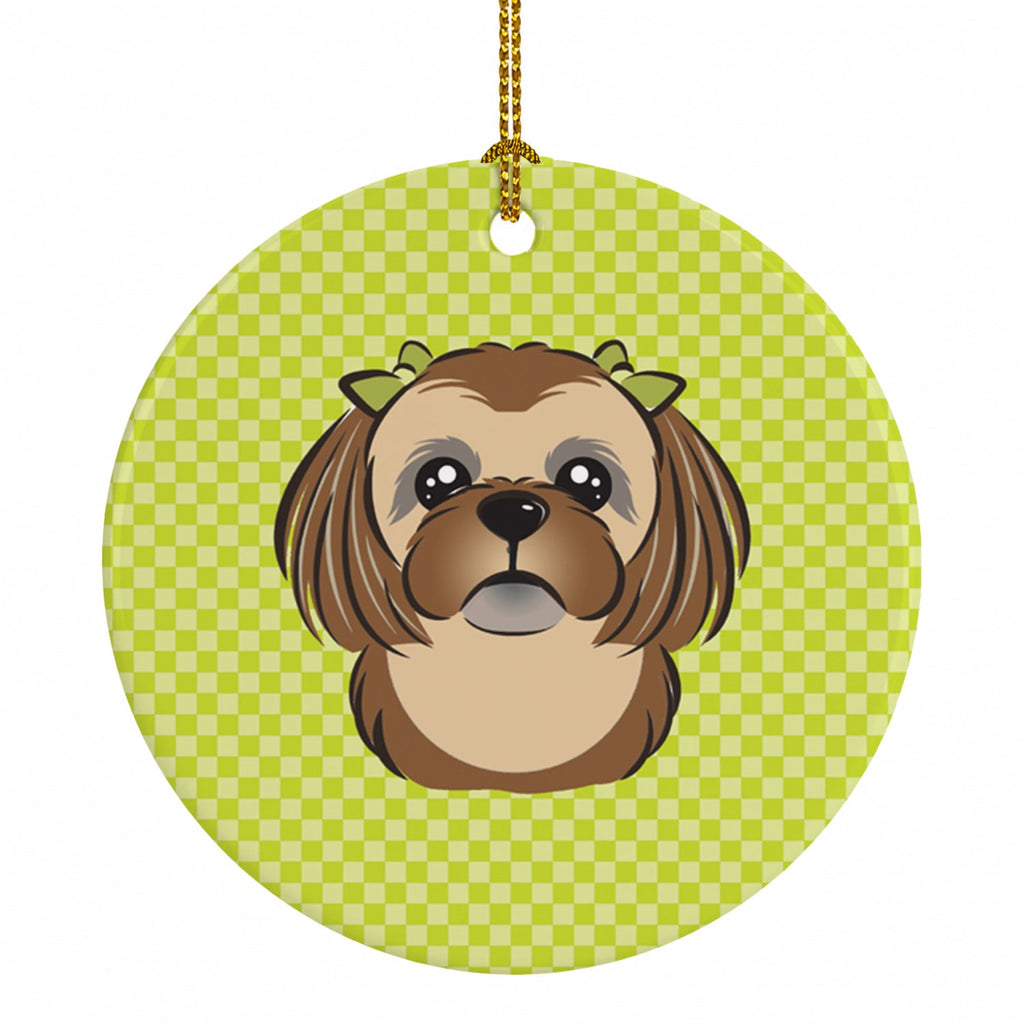 Checkerboard Lime Green Chocolate Brown Shih Tzu Ceramic Ornament Christmas Tree Hanging Decorations for Home Christmas Holiday, Party, Gift, 3 in, Multicolor