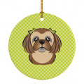 Checkerboard Lime Green Chocolate Brown Shih Tzu Ceramic Ornament Christmas Tree Hanging Decorations for Home Christmas Holiday, Party, Gift, 3 in, Multicolor
