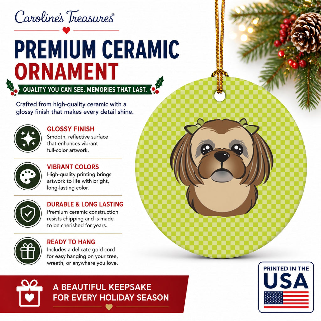 Checkerboard Lime Green Chocolate Brown Shih Tzu Ceramic Ornament Christmas Tree Hanging Decorations for Home Christmas Holiday, Party, Gift, 3 in, Multicolor
