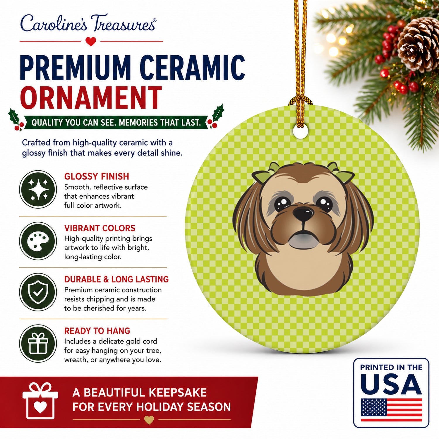 Checkerboard Lime Green Chocolate Brown Shih Tzu Ceramic Ornament Christmas Tree Hanging Decorations for Home Christmas Holiday, Party, Gift, 3 in, Multicolor