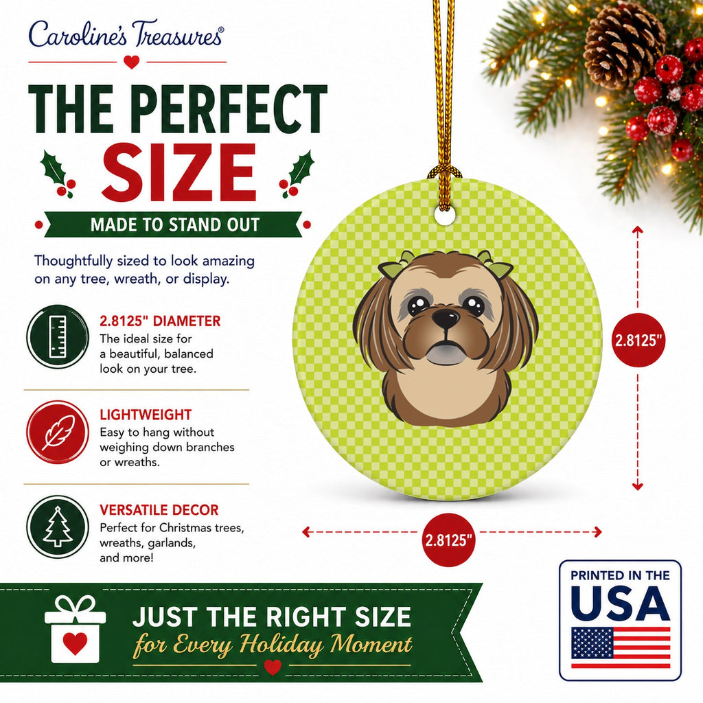 Checkerboard Lime Green Chocolate Brown Shih Tzu Ceramic Ornament Christmas Tree Hanging Decorations for Home Christmas Holiday, Party, Gift, 3 in, Multicolor