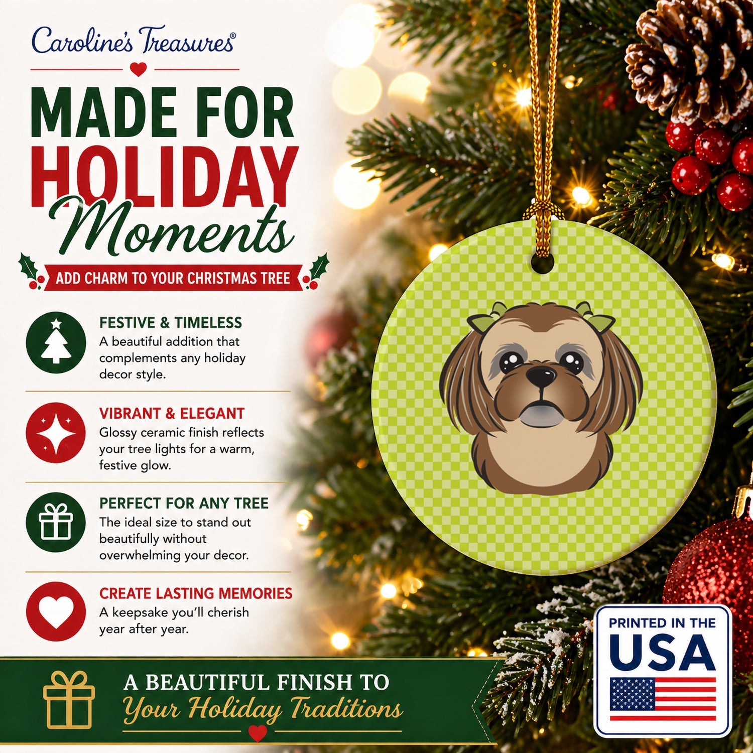 Checkerboard Lime Green Chocolate Brown Shih Tzu Ceramic Ornament Christmas Tree Hanging Decorations for Home Christmas Holiday, Party, Gift, 3 in, Multicolor