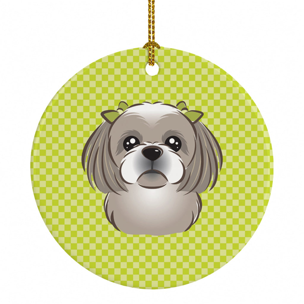 Checkerboard Lime Green Gray Silver Shih Tzu Ceramic Ornament Christmas Tree Hanging Decorations for Home Christmas Holiday, Party, Gift, 3 in, Multicolor
