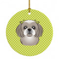 Checkerboard Lime Green Gray Silver Shih Tzu Ceramic Ornament Christmas Tree Hanging Decorations for Home Christmas Holiday, Party, Gift, 3 in, Multicolor