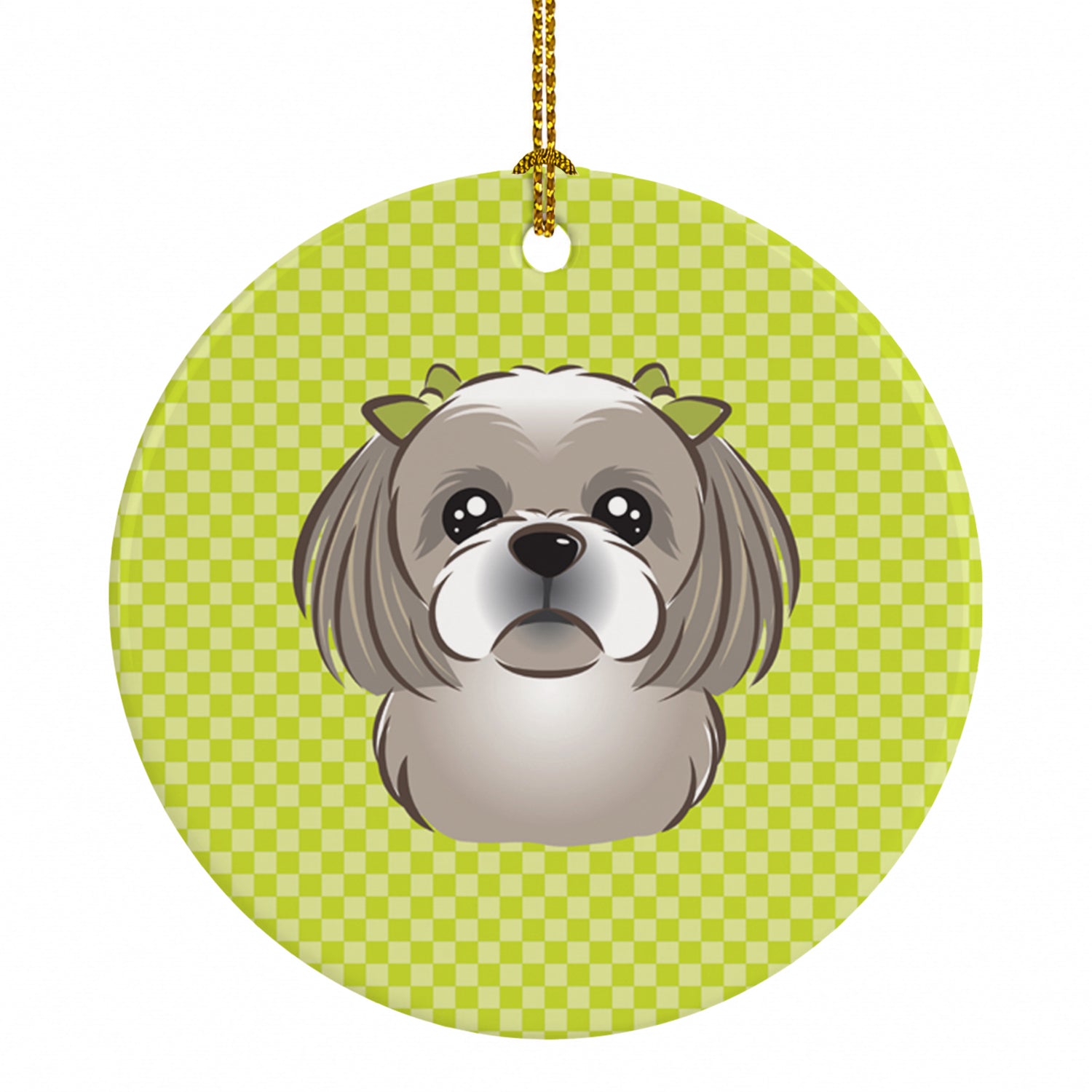 Checkerboard Lime Green Gray Silver Shih Tzu Ceramic Ornament Christmas Tree Hanging Decorations for Home Christmas Holiday, Party, Gift, 3 in, Multicolor
