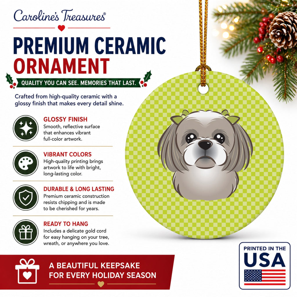 Checkerboard Lime Green Gray Silver Shih Tzu Ceramic Ornament Christmas Tree Hanging Decorations for Home Christmas Holiday, Party, Gift, 3 in, Multicolor