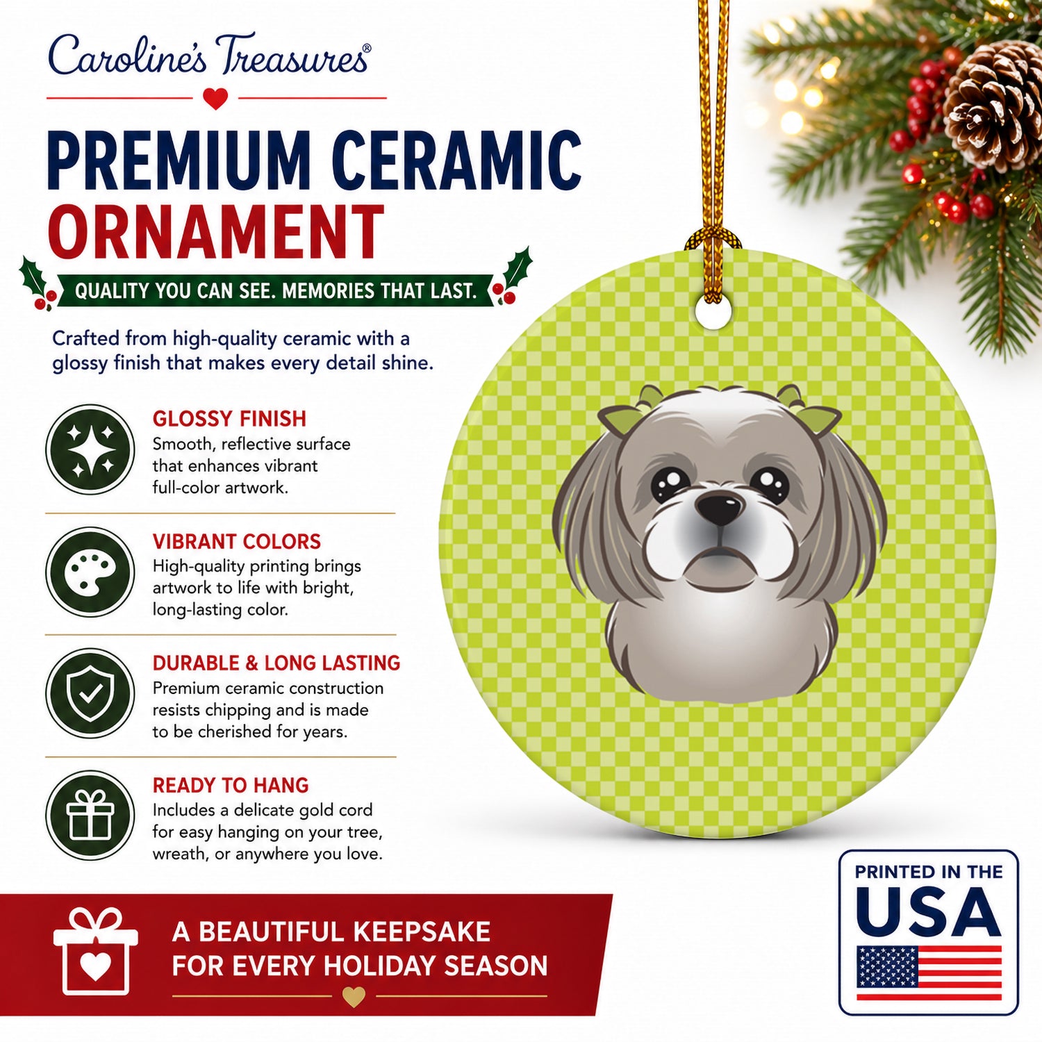 Checkerboard Lime Green Gray Silver Shih Tzu Ceramic Ornament Christmas Tree Hanging Decorations for Home Christmas Holiday, Party, Gift, 3 in, Multicolor