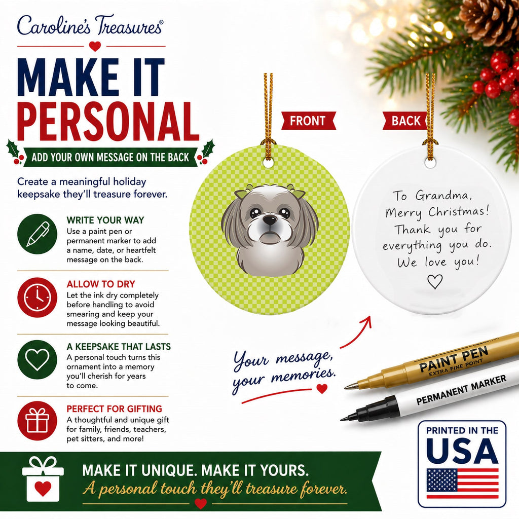 Checkerboard Lime Green Gray Silver Shih Tzu Ceramic Ornament Christmas Tree Hanging Decorations for Home Christmas Holiday, Party, Gift, 3 in, Multicolor