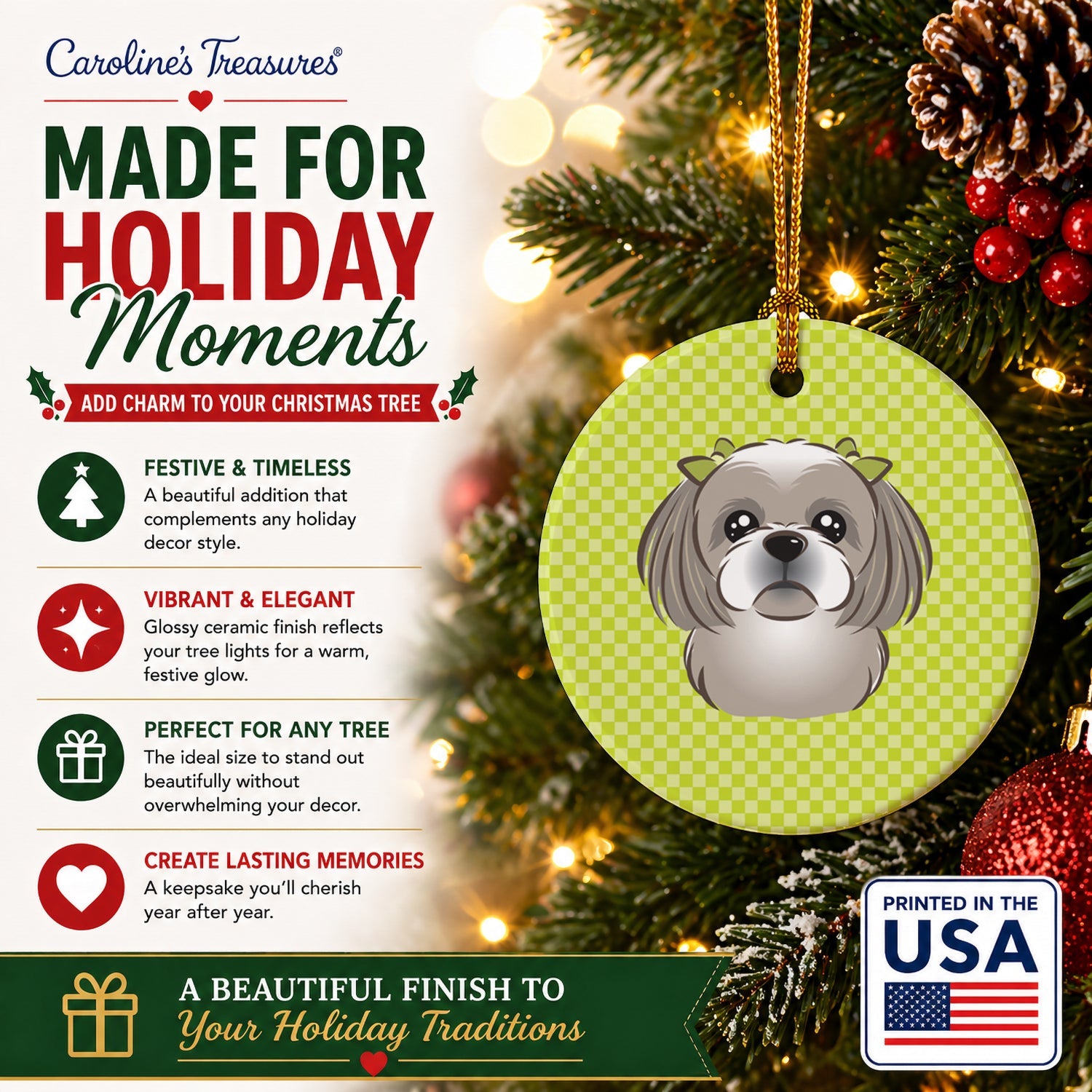 Checkerboard Lime Green Gray Silver Shih Tzu Ceramic Ornament Christmas Tree Hanging Decorations for Home Christmas Holiday, Party, Gift, 3 in, Multicolor