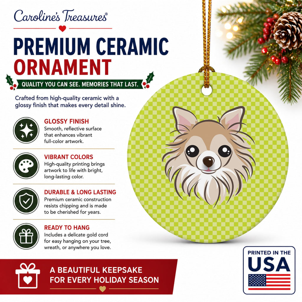 Checkerboard Lime Green Chihuahua Ceramic Ornament Christmas Tree Hanging Decorations for Home Christmas Holiday, Party, Gift, 3 in, Multicolor