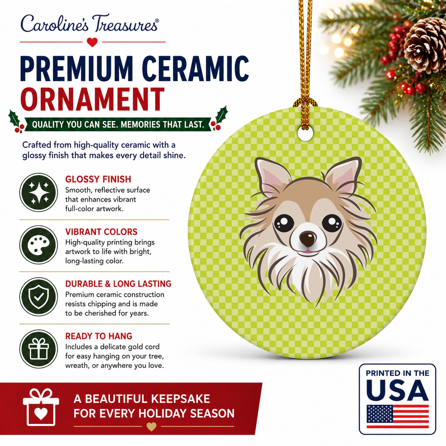 Checkerboard Lime Green Chihuahua Ceramic Ornament Christmas Tree Hanging Decorations for Home Christmas Holiday, Party, Gift, 3 in, Multicolor