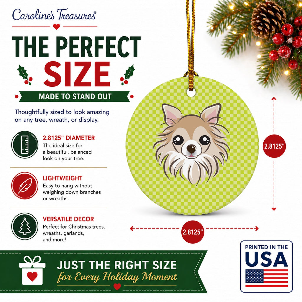 Checkerboard Lime Green Chihuahua Ceramic Ornament Christmas Tree Hanging Decorations for Home Christmas Holiday, Party, Gift, 3 in, Multicolor