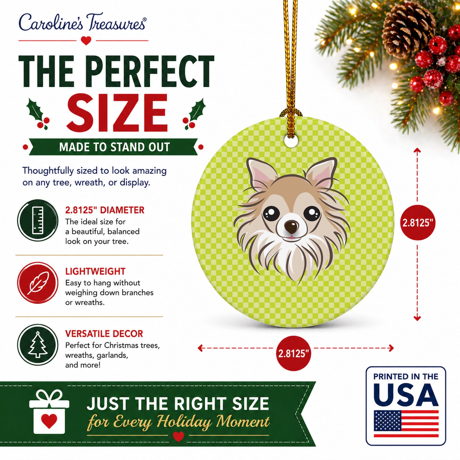 Checkerboard Lime Green Chihuahua Ceramic Ornament Christmas Tree Hanging Decorations for Home Christmas Holiday, Party, Gift, 3 in, Multicolor