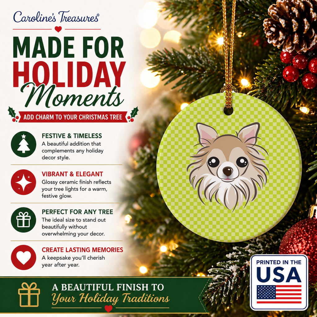 Checkerboard Lime Green Chihuahua Ceramic Ornament Christmas Tree Hanging Decorations for Home Christmas Holiday, Party, Gift, 3 in, Multicolor