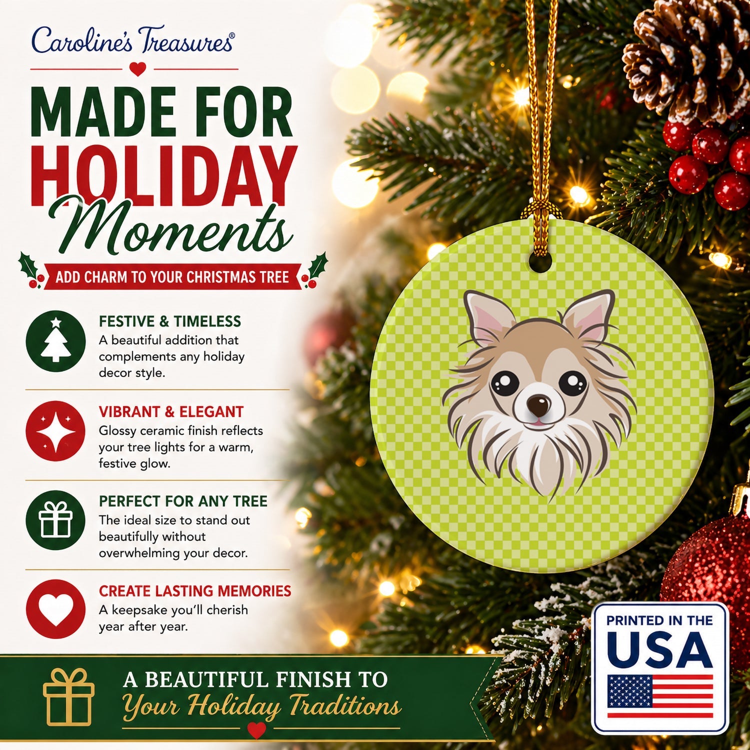 Checkerboard Lime Green Chihuahua Ceramic Ornament Christmas Tree Hanging Decorations for Home Christmas Holiday, Party, Gift, 3 in, Multicolor