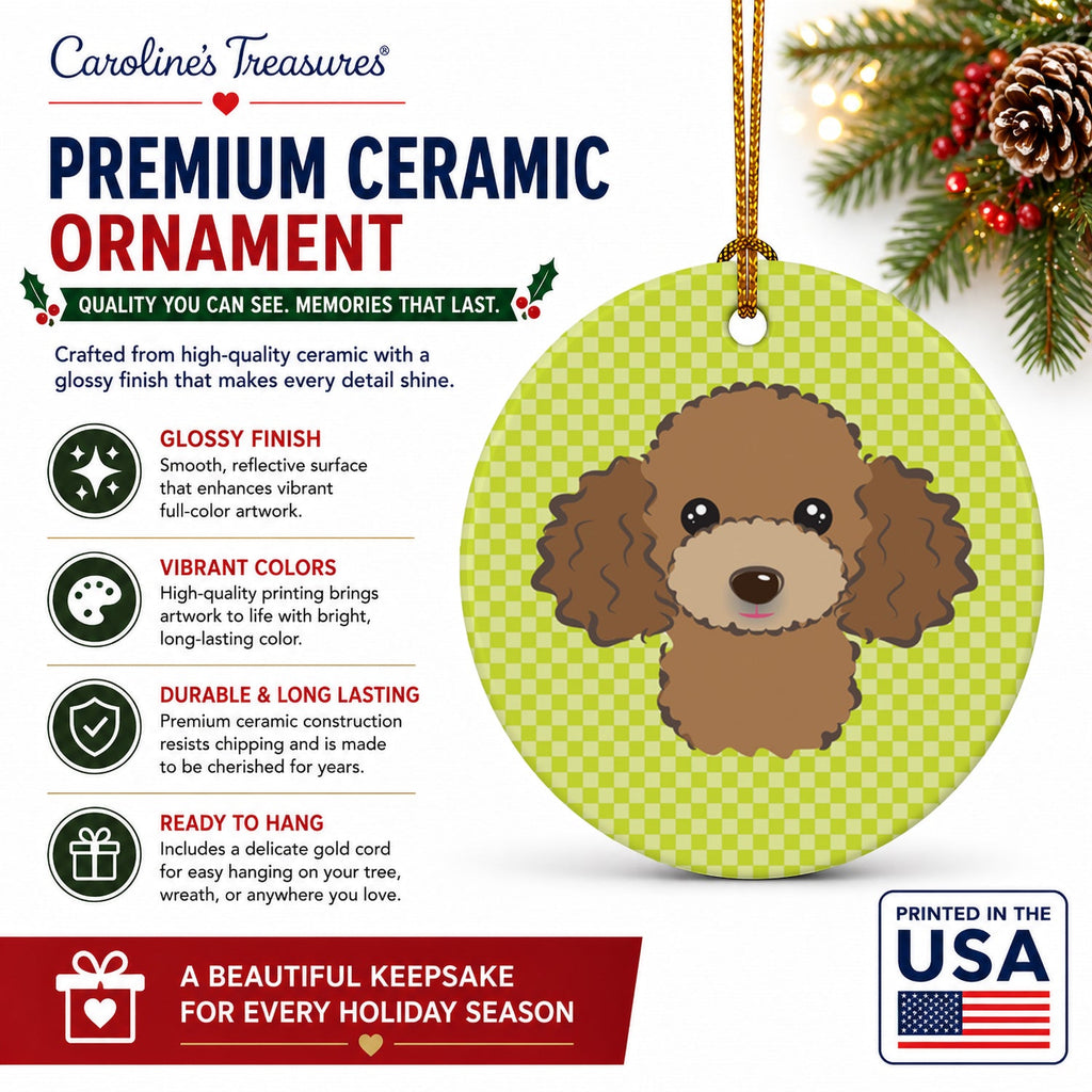 Checkerboard Lime Green Chocolate Brown Poodle Ceramic Ornament Christmas Tree Hanging Decorations for Home Christmas Holiday, Party, Gift, 3 in, Multicolor