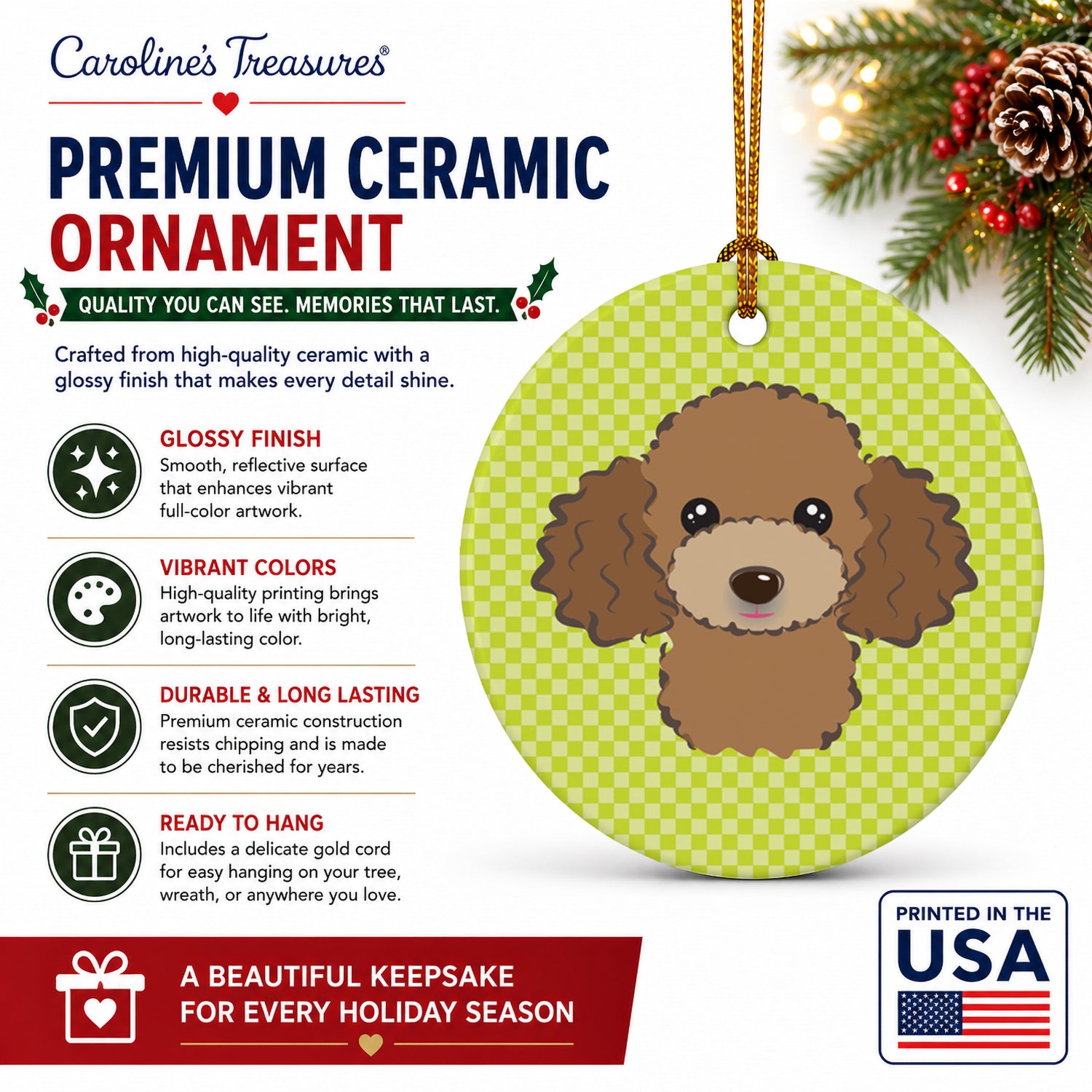 Checkerboard Lime Green Chocolate Brown Poodle Ceramic Ornament Christmas Tree Hanging Decorations for Home Christmas Holiday, Party, Gift, 3 in, Multicolor