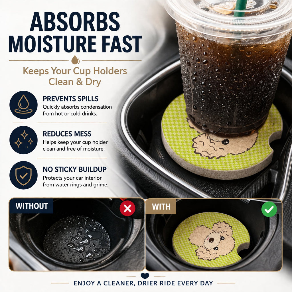 Checkerboard Lime Green Buff Poodle Set of 2 Cup Holder Car Coasters Absorbent Round Sandstone Coasters Gifts for Men or Women, 2.5, Multicolor