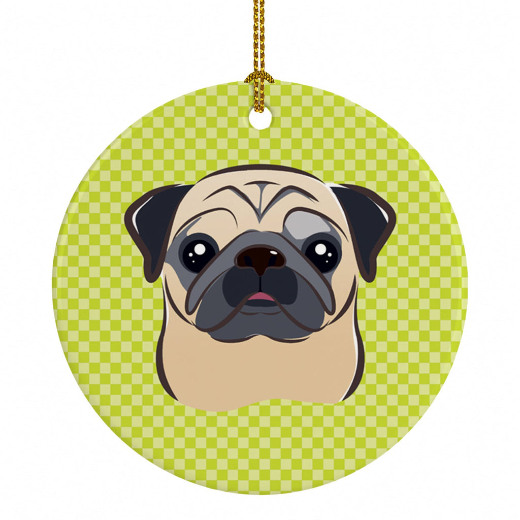 Checkerboard Lime Green Fawn Pug Ceramic Ornament Christmas Tree Hanging Decorations for Home Christmas Holiday, Party, Gift, 3 in, Multicolor