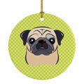 Checkerboard Lime Green Fawn Pug Ceramic Ornament Christmas Tree Hanging Decorations for Home Christmas Holiday, Party, Gift, 3 in, Multicolor