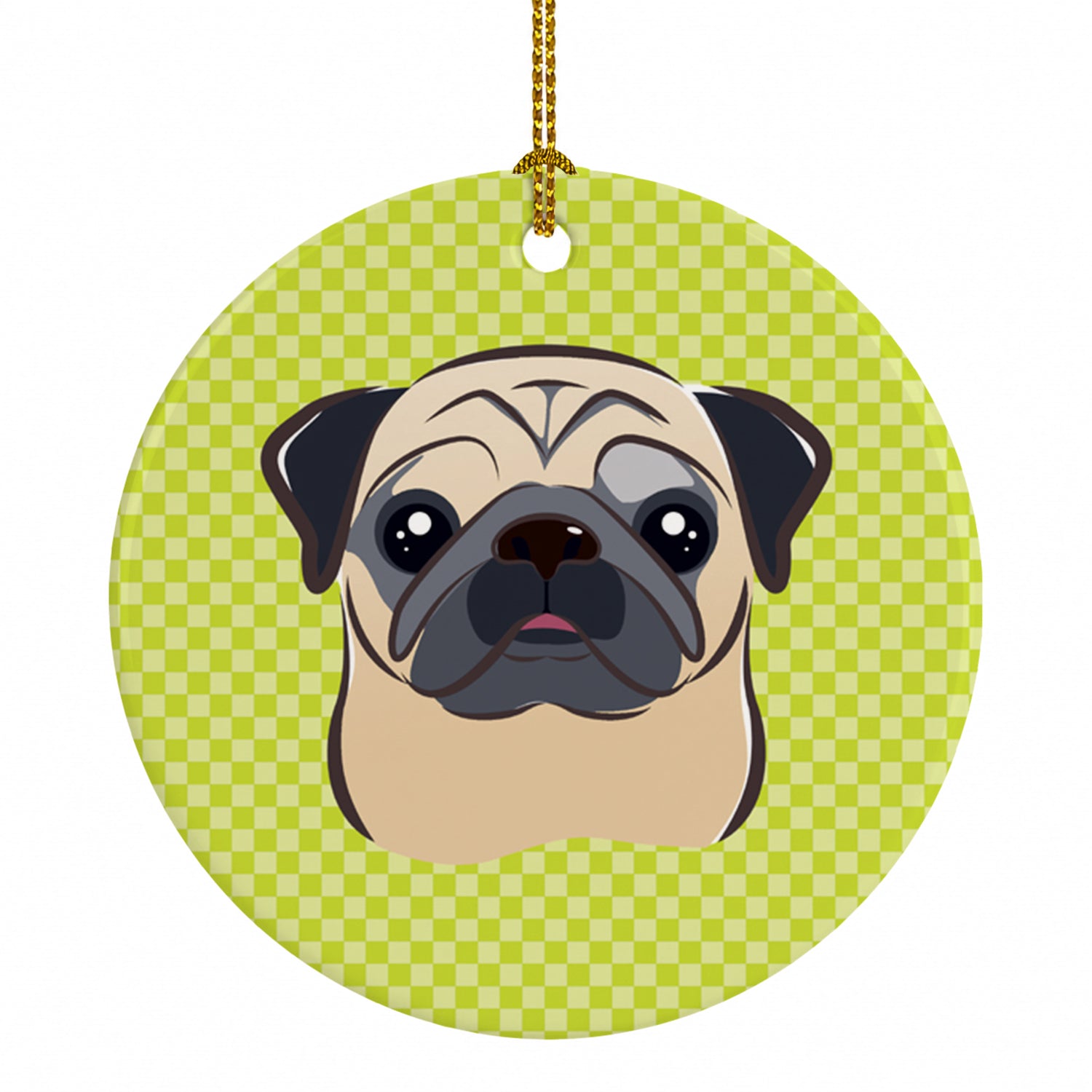 Checkerboard Lime Green Fawn Pug Ceramic Ornament Christmas Tree Hanging Decorations for Home Christmas Holiday, Party, Gift, 3 in, Multicolor