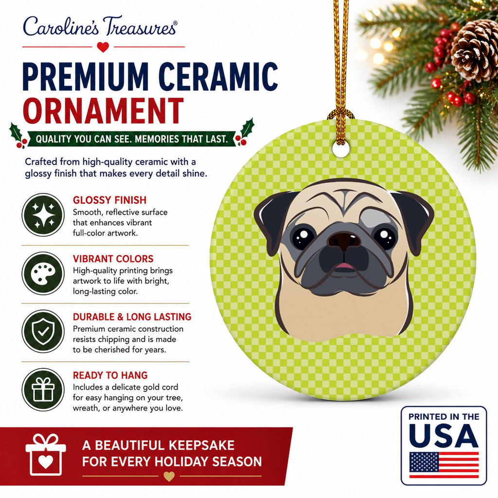 Checkerboard Lime Green Fawn Pug Ceramic Ornament Christmas Tree Hanging Decorations for Home Christmas Holiday, Party, Gift, 3 in, Multicolor