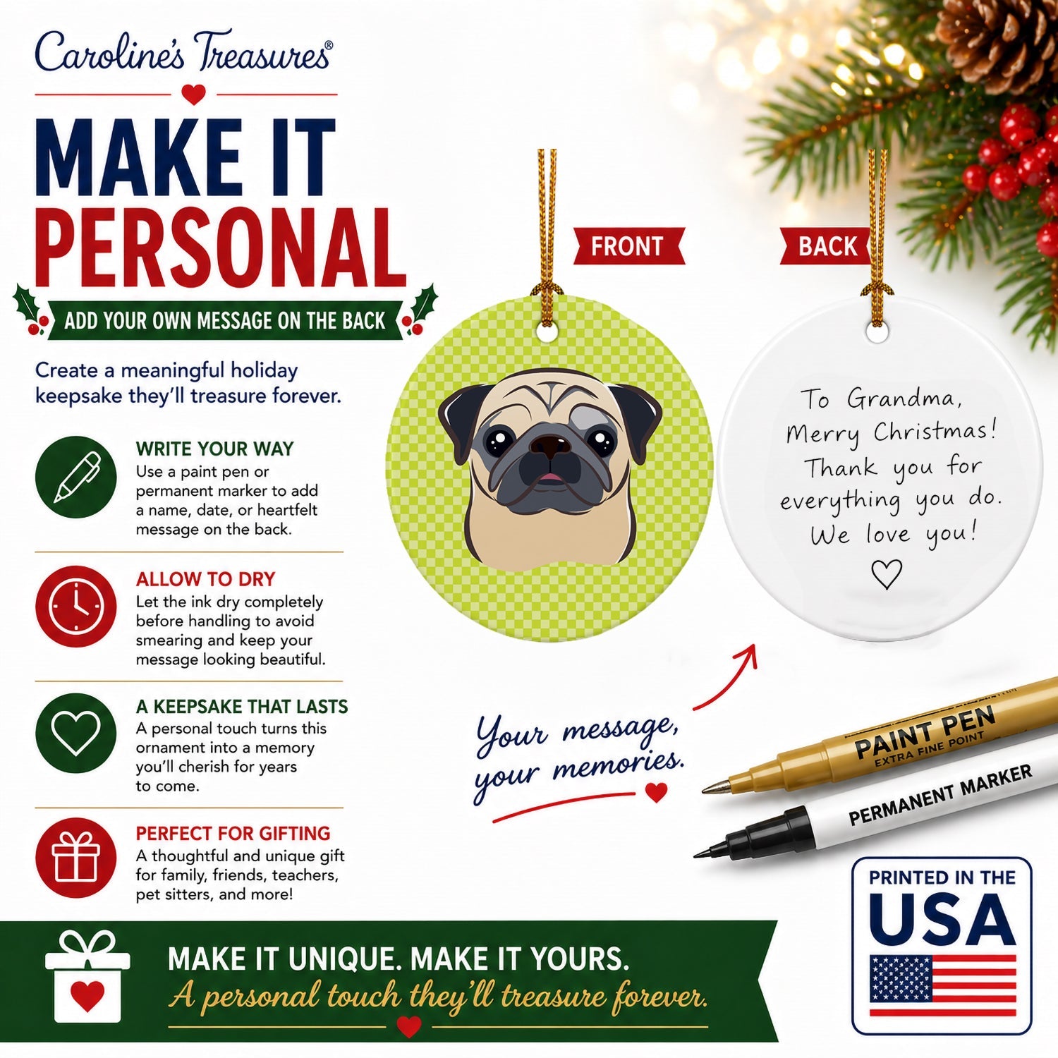 Checkerboard Lime Green Fawn Pug Ceramic Ornament Christmas Tree Hanging Decorations for Home Christmas Holiday, Party, Gift, 3 in, Multicolor