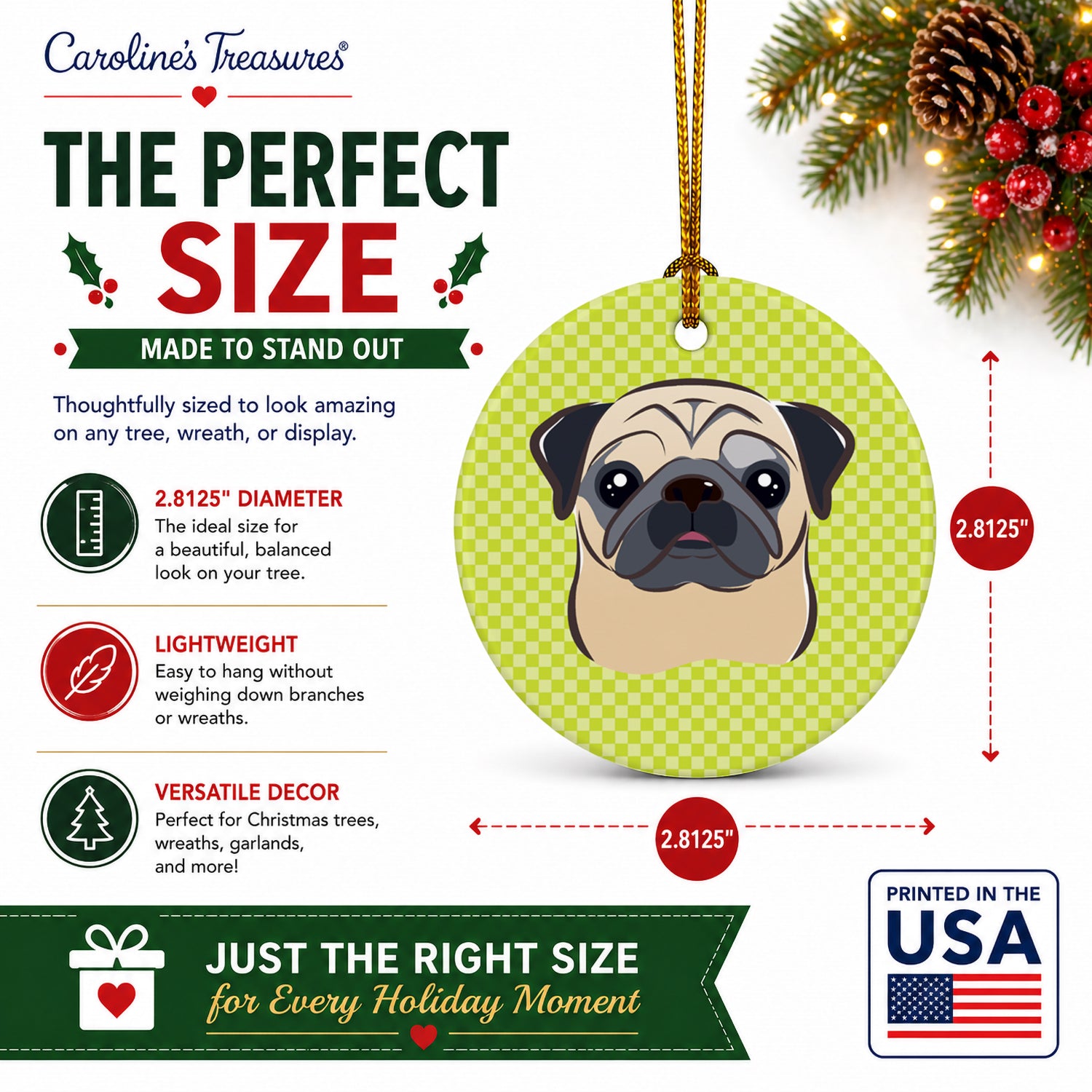 Checkerboard Lime Green Fawn Pug Ceramic Ornament Christmas Tree Hanging Decorations for Home Christmas Holiday, Party, Gift, 3 in, Multicolor