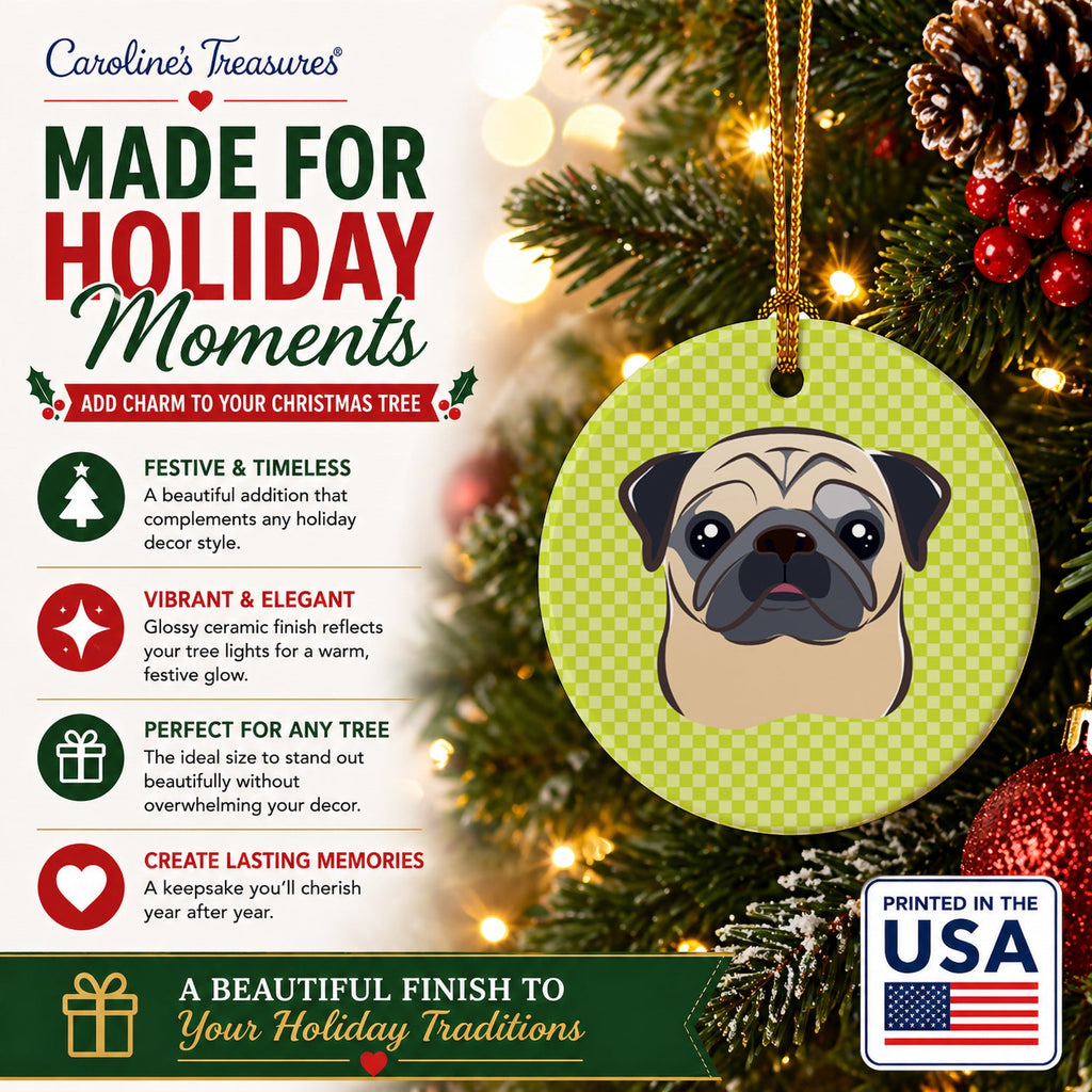 Checkerboard Lime Green Fawn Pug Ceramic Ornament Christmas Tree Hanging Decorations for Home Christmas Holiday, Party, Gift, 3 in, Multicolor