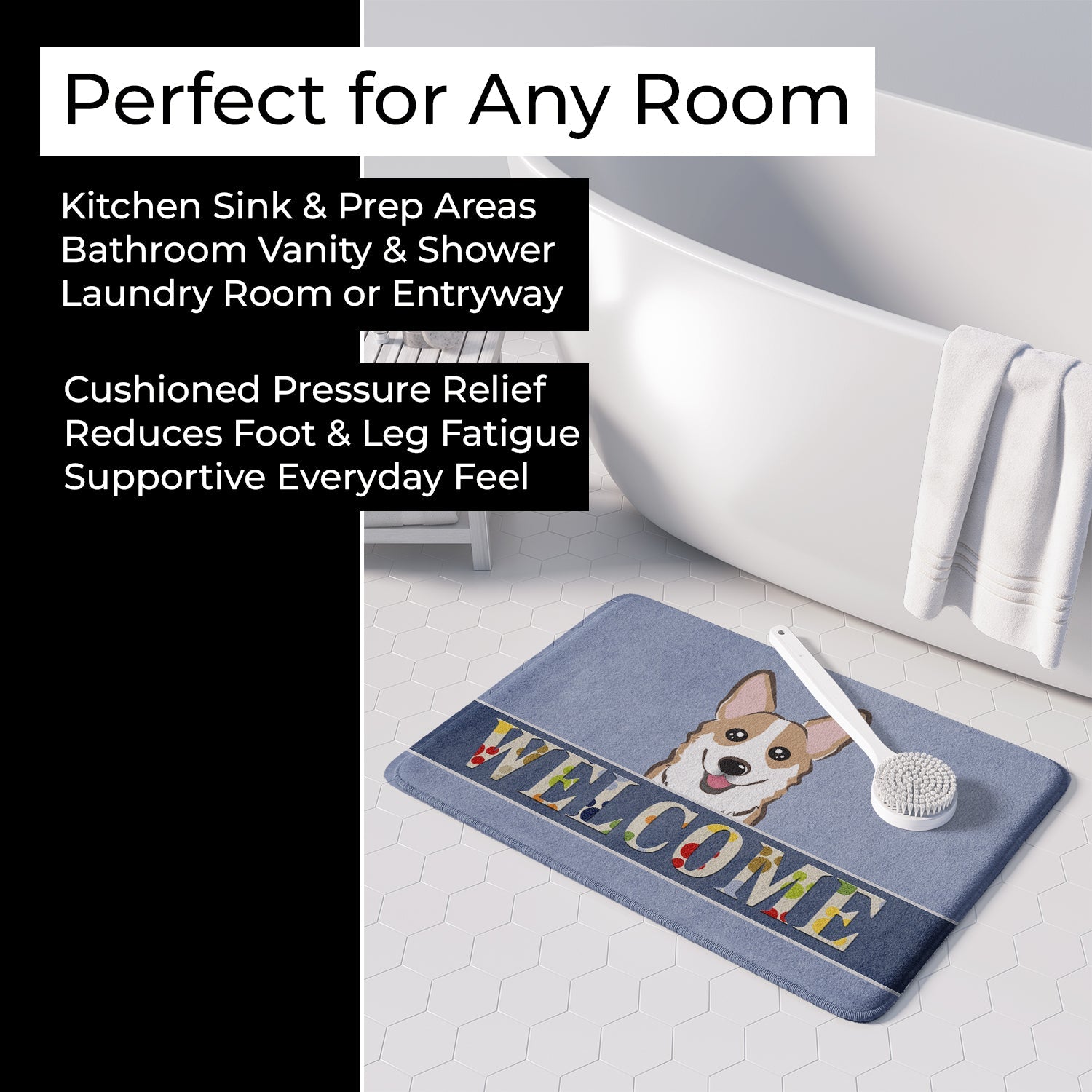Sable Corgi Welcome Memory Foam Kitchen Mat Machine Washable Anti-Fatigue Cushion Comfort Bath or Kitchen Rug