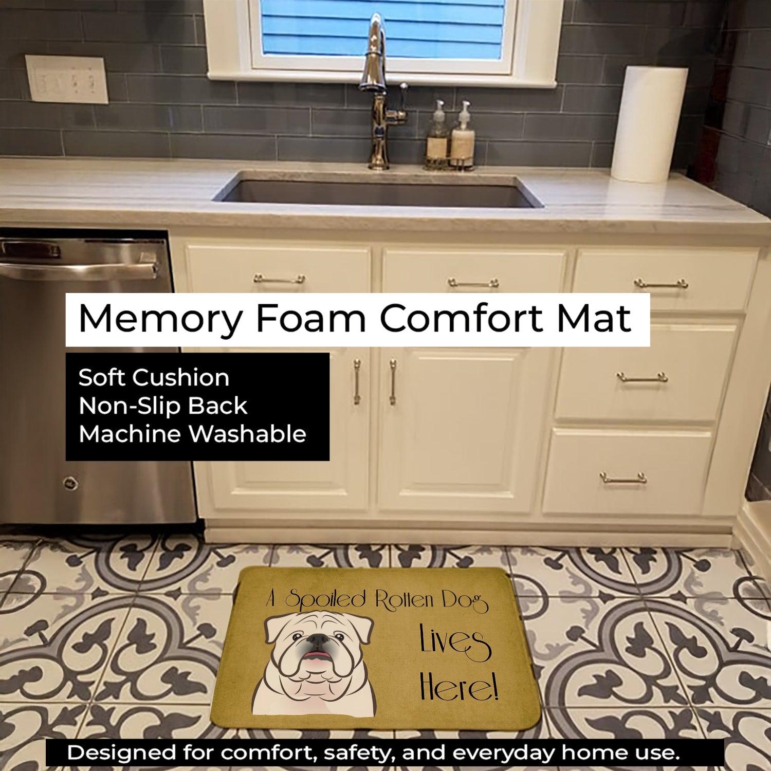White English Bulldog Spoiled Dog Lives Here Memory Foam Kitchen Mat Machine Washable Anti-Fatigue Cushion Comfort Bath or Kitchen Rug