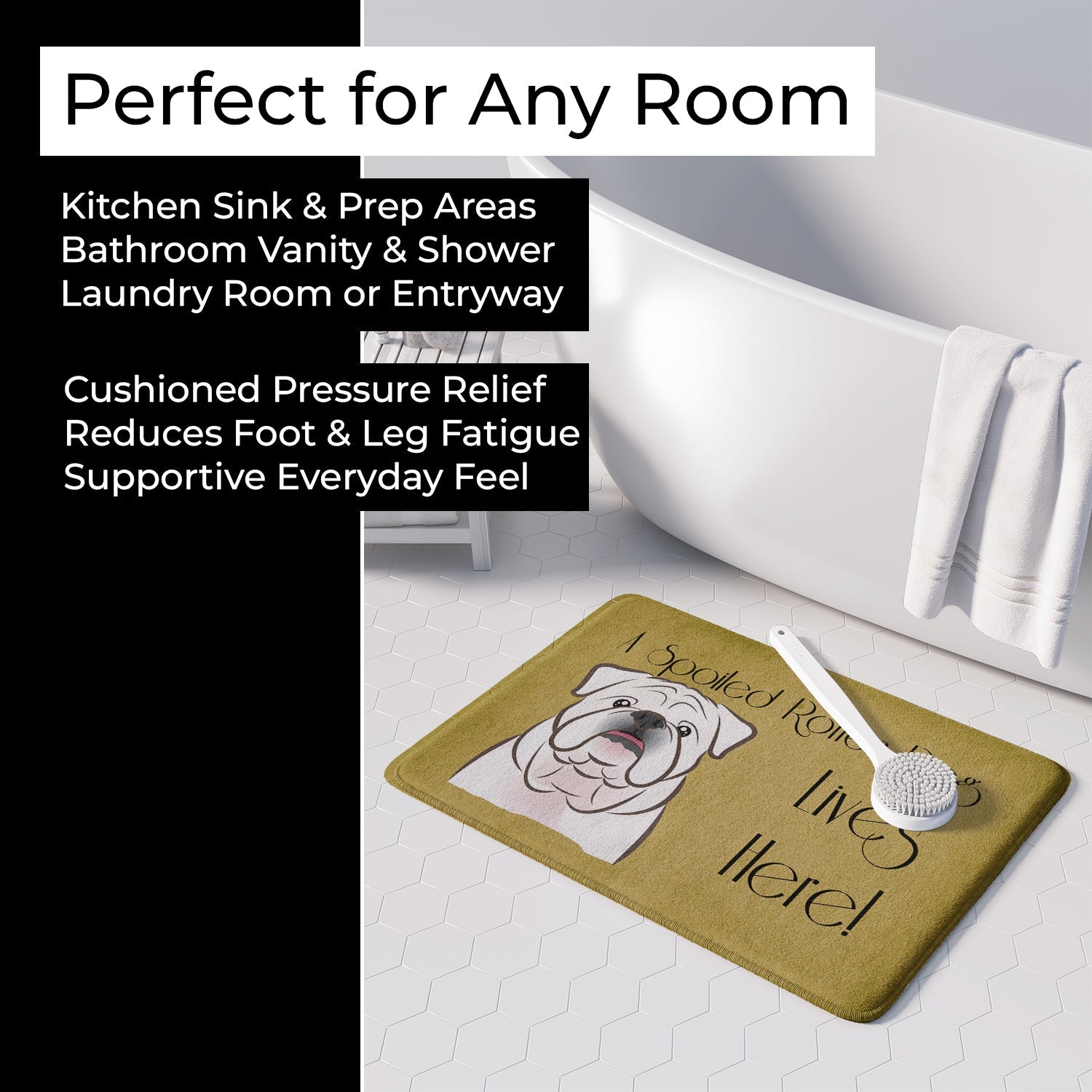 White English Bulldog Spoiled Dog Lives Here Memory Foam Kitchen Mat Machine Washable Anti-Fatigue Cushion Comfort Bath or Kitchen Rug