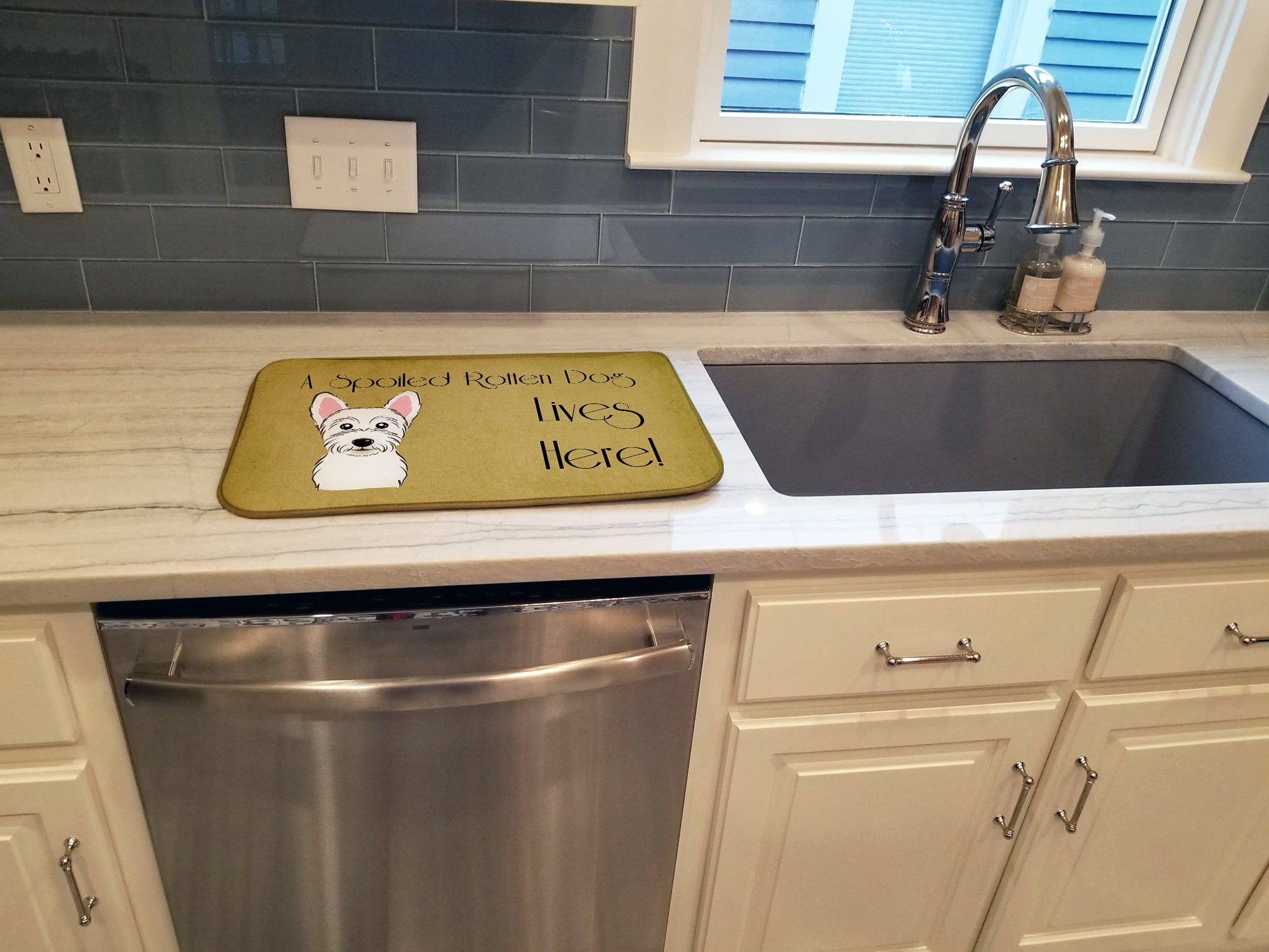 Westie Spoiled Dog Lives Here Dish Drying Mat Absorbent Dish Drying Mat Pad for Kitchen Counter Dish Drainer Mat for Countertop, 14 x 21", Multicolor