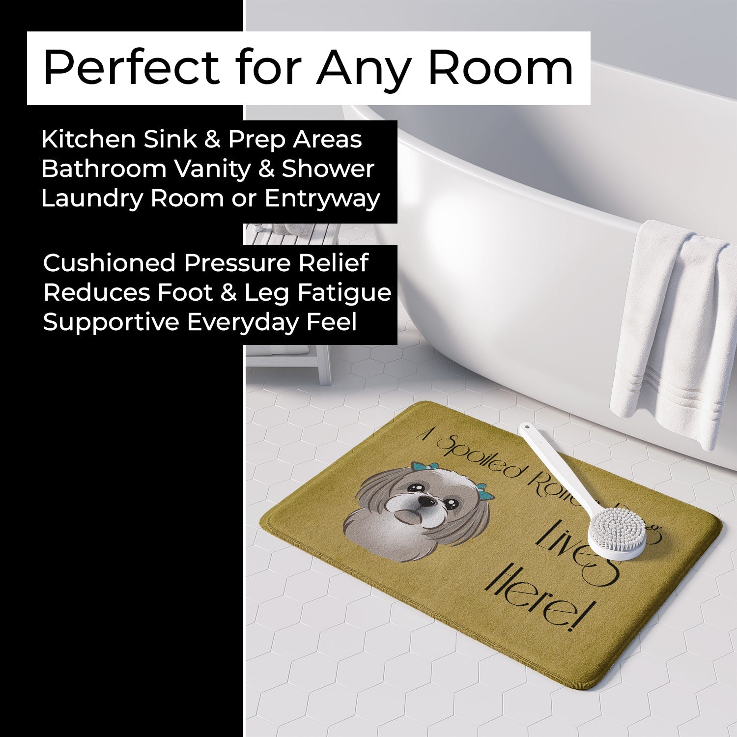 Gray Silver Shih Tzu Spoiled Dog Lives Here Memory Foam Kitchen Mat Machine Washable Anti-Fatigue Cushion Comfort Bath or Kitchen Rug