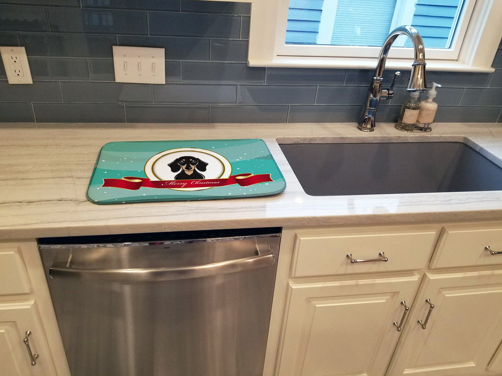 Smooth Black and Tan Dachshund Merry Christmas Dish Drying Mat Absorbent Dish Drying Mat Pad for Kitchen Counter Dish Drainer Mat for Countertop, 14 x 21", Multicolor