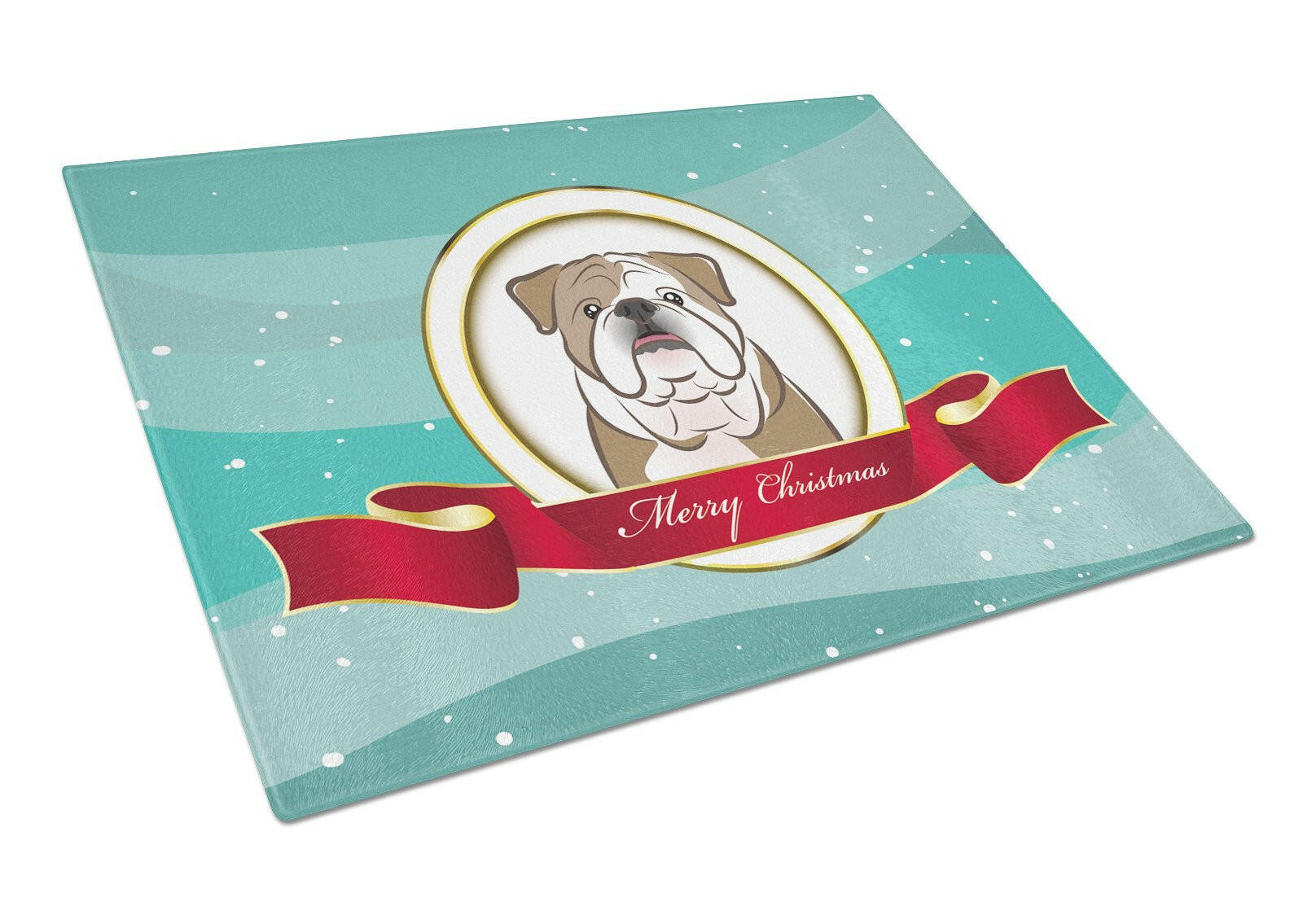 English Bulldog  Merry Christmas Cutting Board Tempered Glass Kitchen Cutting Surface, Heat Resistant Chopping, Non-Slip Feet, Food Prep & Serving