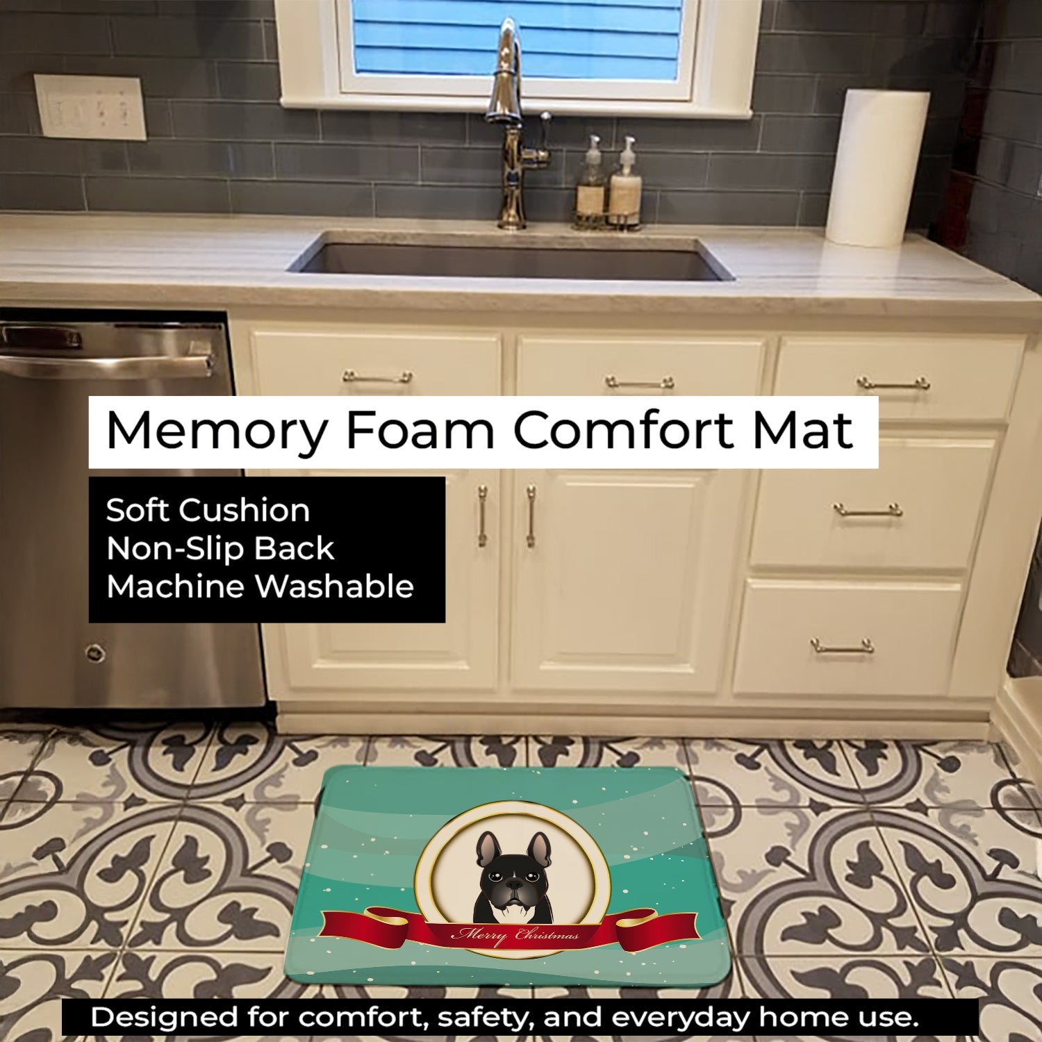 French Bulldog Merry Christmas Memory Foam Kitchen Mat Machine Washable Anti-Fatigue Cushion Comfort Bath or Kitchen Rug