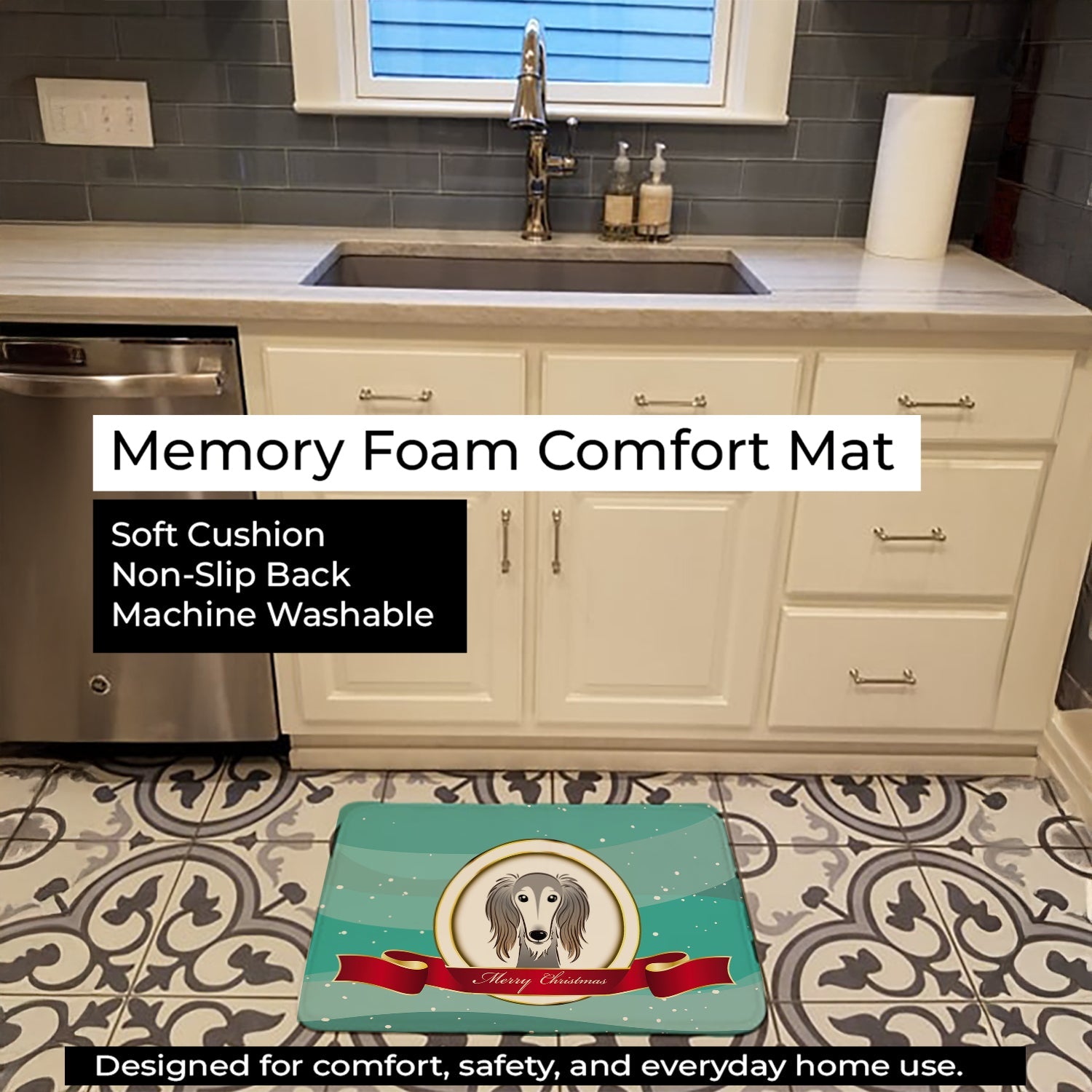 Saluki Merry Christmas Memory Foam Kitchen Mat Machine Washable Anti-Fatigue Cushion Comfort Bath or Kitchen Rug