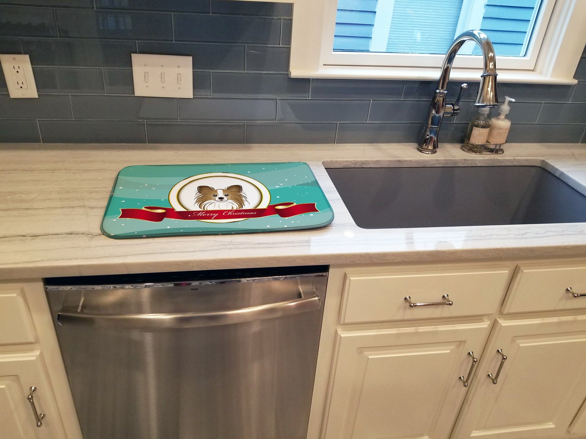 Papillon Merry Christmas Dish Drying Mat Absorbent Dish Drying Mat Pad for Kitchen Counter Dish Drainer Mat for Countertop, 14 x 21", Multicolor
