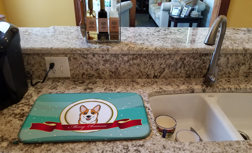 Red Corgi Merry Christmas Dish Drying Mat Absorbent Dish Drying Mat Pad for Kitchen Counter Dish Drainer Mat for Countertop, 14 x 21", Multicolor