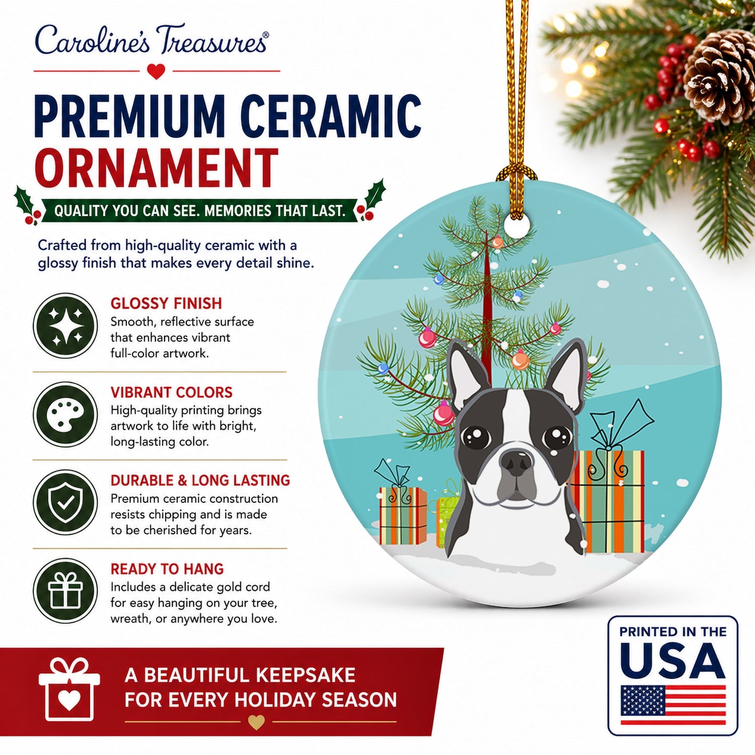Christmas Tree and Boston Terrier Ceramic Ornament Christmas Tree Hanging Decorations for Home Christmas Holiday, Party, Gift, 3 in, Multicolor
